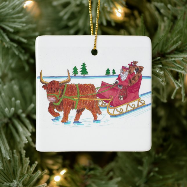 Scottish Santa mit Highland Cow, der Schlitten zie Keramikornament (Baum)