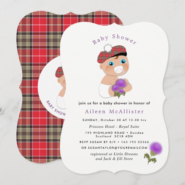 Scottish Tartan |Blume Niedlich Babydusche Einladung (Vorne/Hinten)