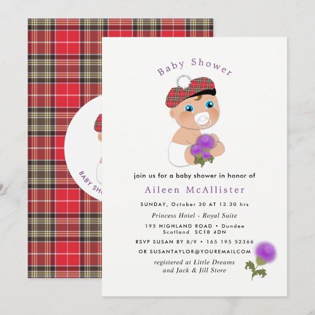 Scottish Tartan |Blume Niedlich Babydusche Einladung (Vorne/Hinten)