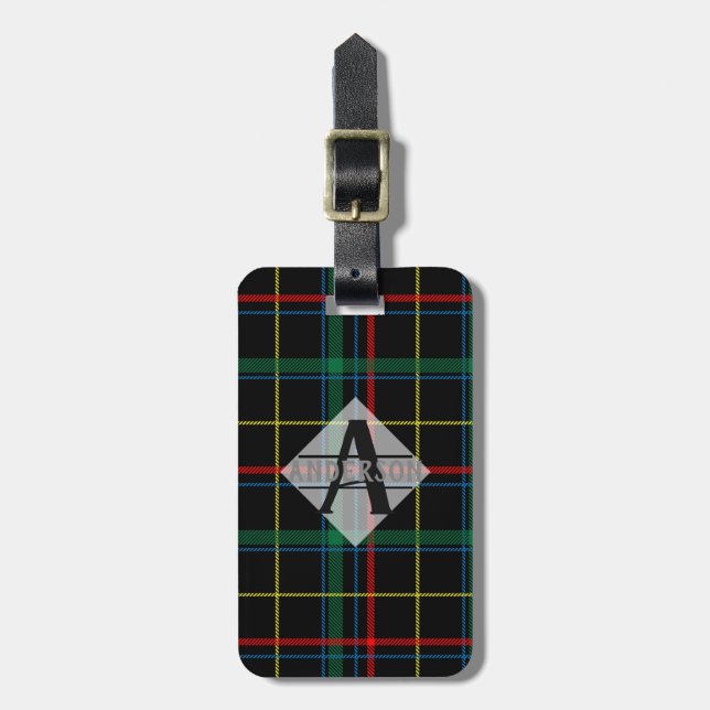 Scottish Tartan Monogram Gift - Green Red Black Gepäckanhänger (Vorderseite vertikal)