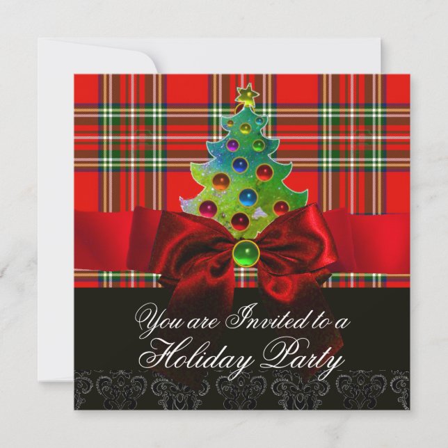 SCOTTISH TARTAN, RED GREEN BOWS AND CHRISTMAS TREM EINLADUNG (Vorderseite)
