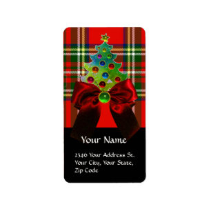 SCOTTISH TARTAN, ROT BOW UND CHRISTMAS BAUM ADRESSAUFKLEBER