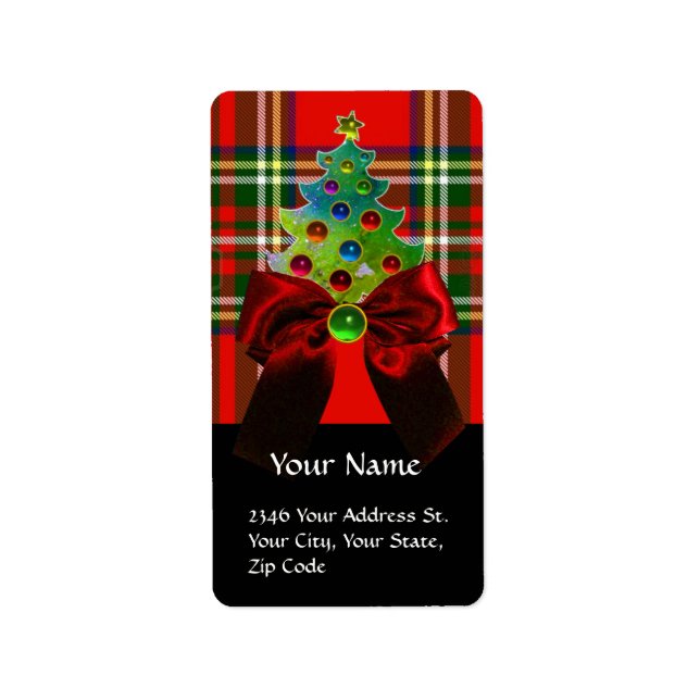 SCOTTISH TARTAN, ROT BOW UND CHRISTMAS BAUM ADRESSAUFKLEBER (Vorne)