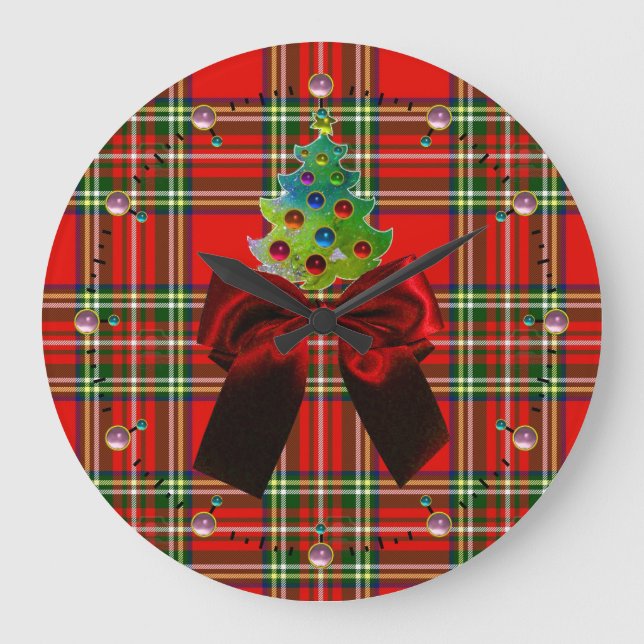 SCOTTISH TARTAN, ROT BOW UND CHRISTMAS BAUM GROßE WANDUHR (Vorderseite)