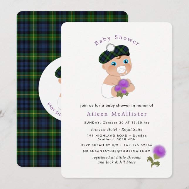 Scottish Tartan Thistle Blume Niedlich Baby Dusche Einladung (Vorne/Hinten)