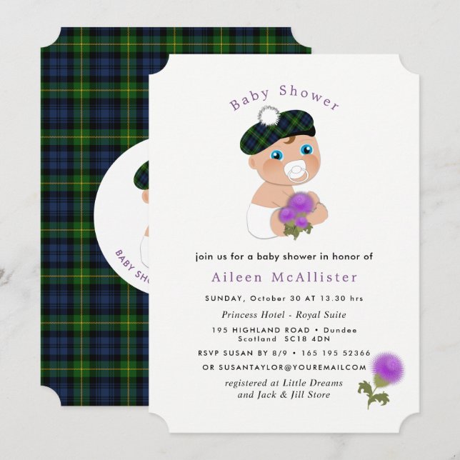 Scottish Tartan Thistle Blume Niedlich Baby Shower Einladung (Vorne/Hinten)