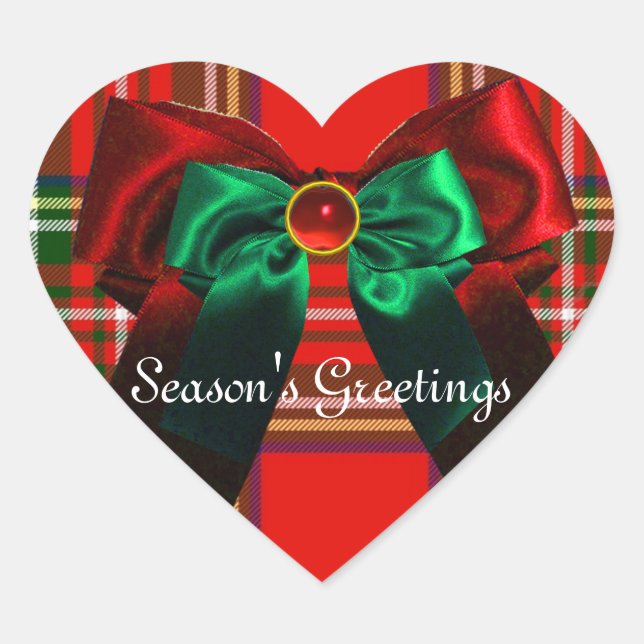 SCOTTISH TARTAN UND RED GREEN BOWS CHRISTMAS HERZ Herz-Aufkleber (Vorderseite)