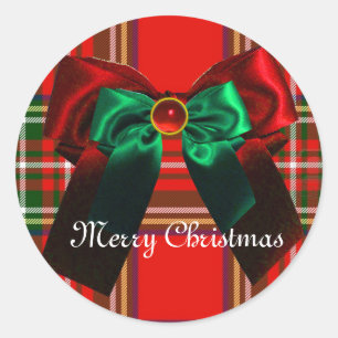SCOTTISH TARTAN UND RED GREEN BOWS CHRISTMAS PARTY RUNDER AUFKLEBER
