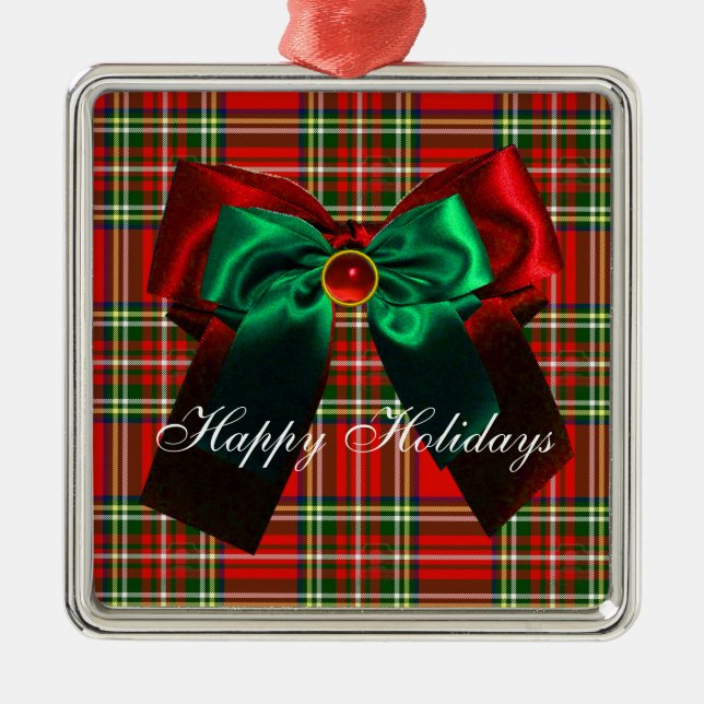 SCOTTISH TARTAN UND RED GREEN CHRISTMAS BOWS ORNAMENT AUS METALL (Vorne)