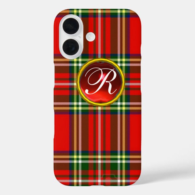 SCOTTISH TARTAN UND RED RUBY GEMSTONE MONOGRAM iPhone 16 HÜLLE (Rückseite)