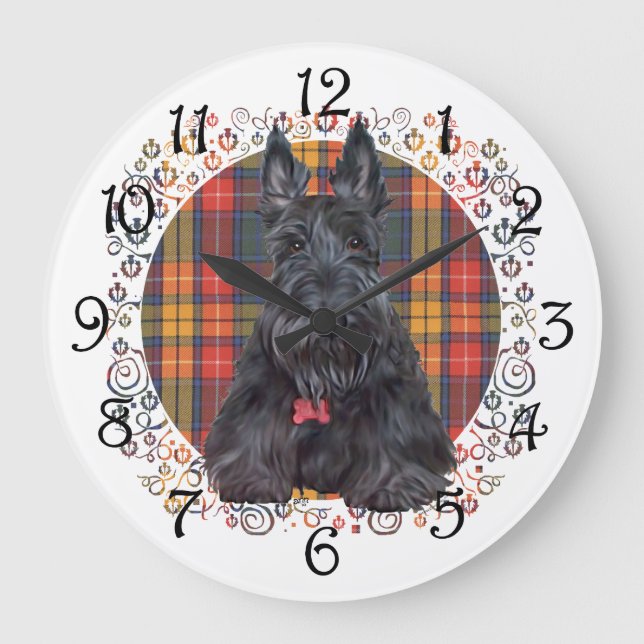Scottish Terrier auf Tartan Große Wanduhr (Vorderseite)