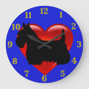Scottish Terrier black silhouette red heart/blue Große Wanduhr