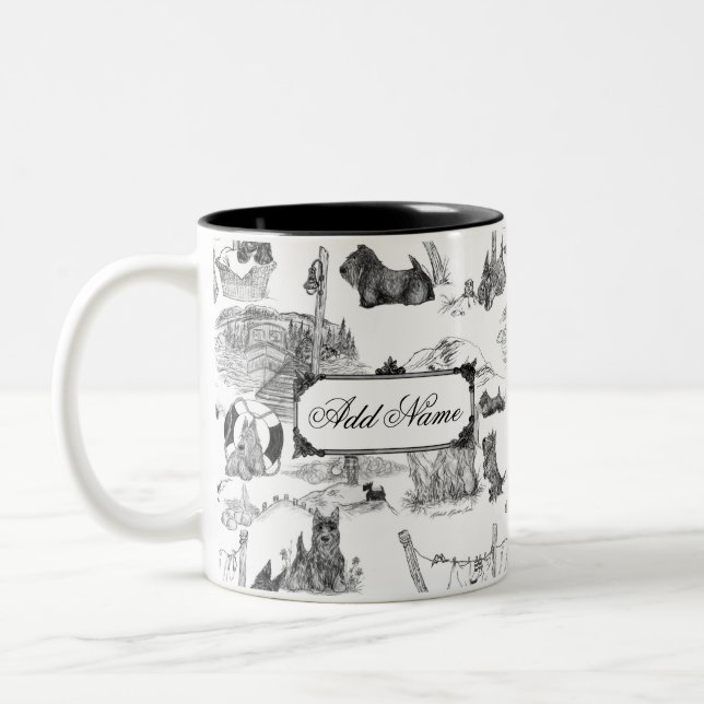 SCOTTISH Terrier Black Toile mit Individuelle Name Zweifarbige Tasse (Links)
