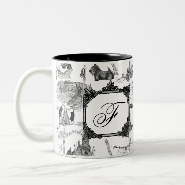 SCOTTISH Terrier Black Toile mit Monogramm Zweifarbige Tasse (Links)