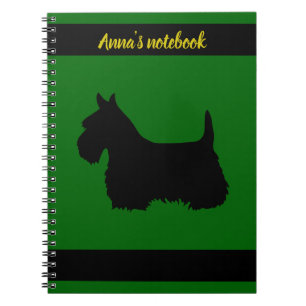 Scottish Terrier black/white silhouettegreen/name Notizblock