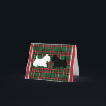Scottish Terrier Christmas Card Feiertagskarte<br><div class="desc">Zwei niedliche schottische Terrier-Hunde und karierter Urlaub schmücken diese Weihnachtskarte. Die Entwürfe stammen aus der Originalkunst.</div>