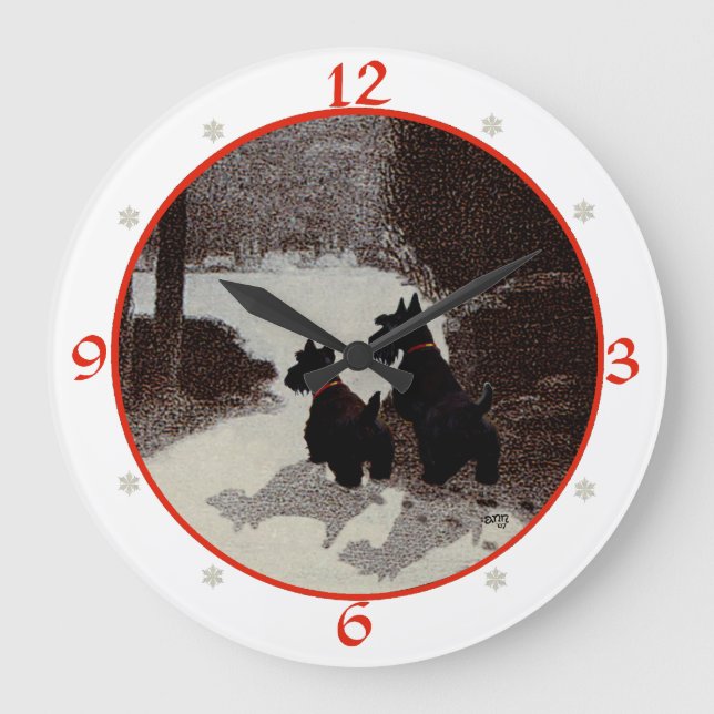 Scottish Terrier Christmas Clock Große Wanduhr (Vorderseite)