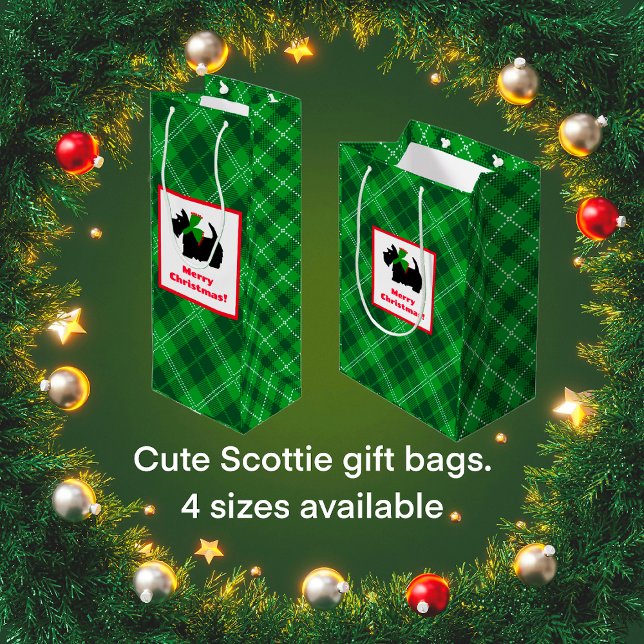 Scottish Terrier Christmas Green Kariert Mittlere Geschenktüte (Retro Scottish Terrier tartan plaid gift bags.)
