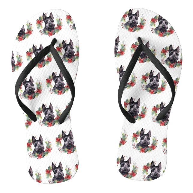 Scottish Terrier Christmas Wreath Festive Pup Flip Flops (Fußbett)