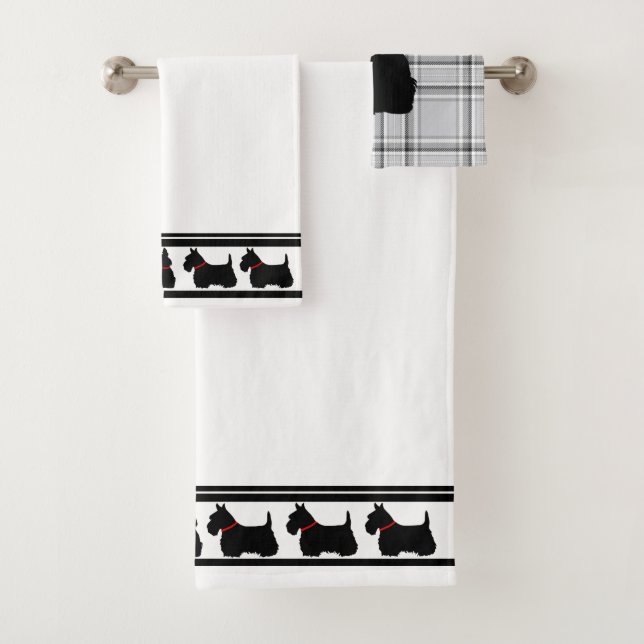 Scottish Terrier/col rouge/plaid gris/frontière (En situation)