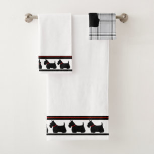 Scottish Terrier/col rouge/plaid gris/frontière