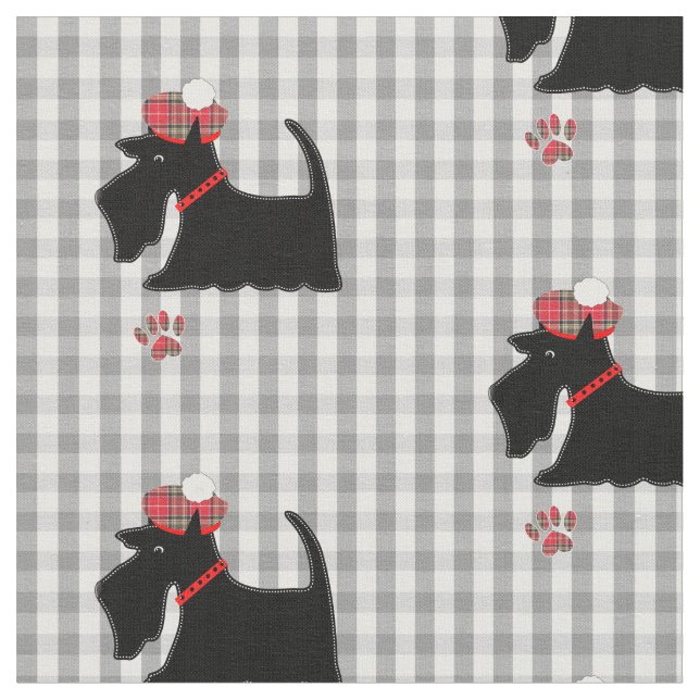 Scottish Terrier Dog Gingham Kariert Niedlich Stoff (Nahaufnahme)