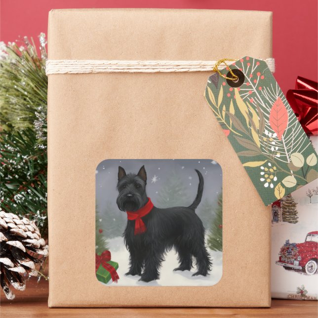 Scottish Terrier Dog in Snow Christmas Quadratischer Aufkleber (Feiertag)