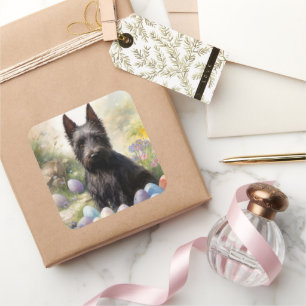 Scottish Terrier Dog mit Ostereier Holiday Quadratischer Aufkleber