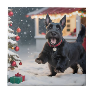 Scottish Terrier Dog Playing Christmas Snow Fliese