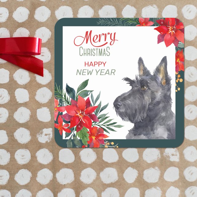 Scottish Terrier Dog Poinsettia Bouquet  Quadratischer Aufkleber (Von Creator hochgeladen)