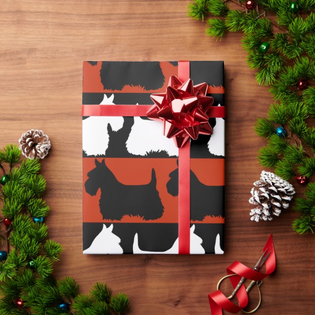 Scottish Terrier dog schwarz/rot/weiß, stripes Thr Geschenkpapier (Feiertagsgeschenk)