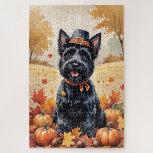 Scottish Terrier im Herbst hinterlässt Erntedank A (Vertikal)