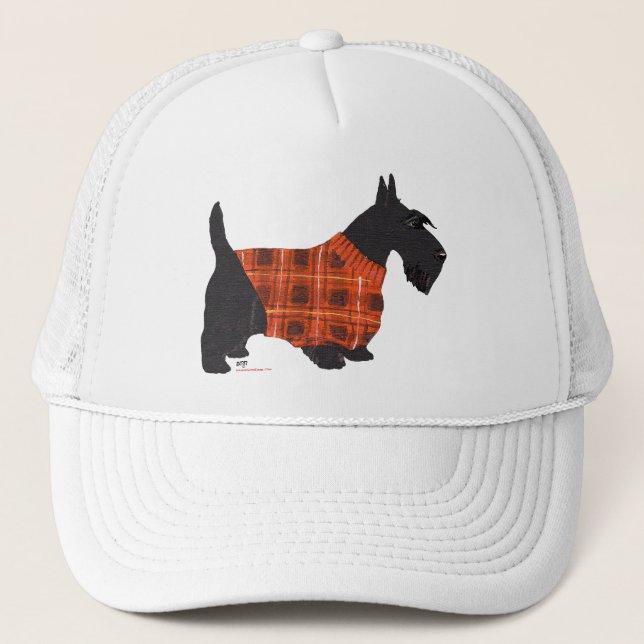 Scottish Terrier in einem Pullover Truckerkappe (Vorderseite)