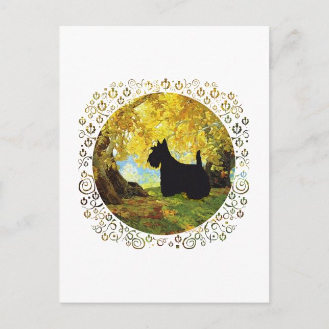 Scottish Terrier in Herbstwald Postkarte (Vorderseite)