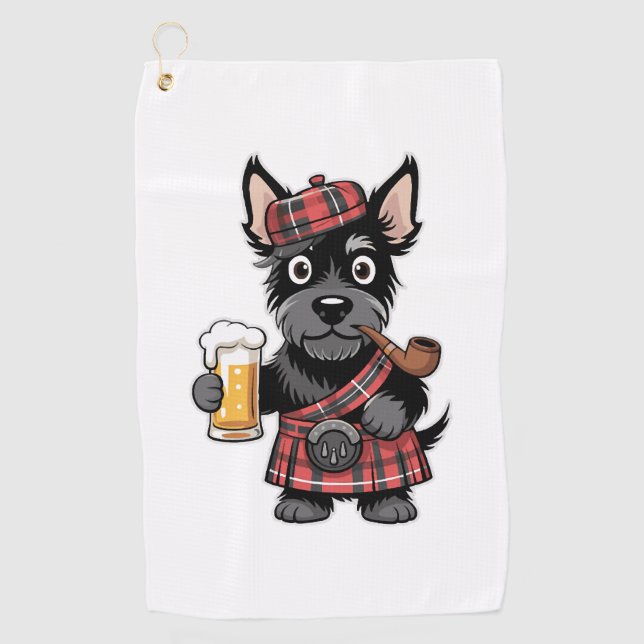 Scottish Terrier in Tartan Kilt mit Bier und Pipe Golfhandtuch (Vorderseite)
