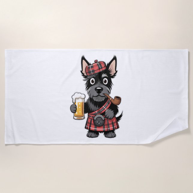 Scottish Terrier in Tartan Kilt mit Bier und Pipe Strandtuch (Vorderseite)