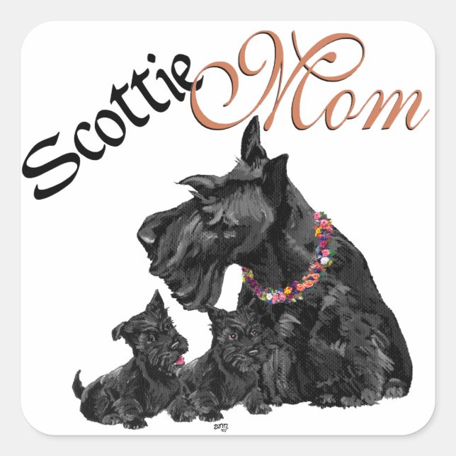 Scottish Terrier Mama & Pups Quadratischer Aufkleber (Vorderseite)