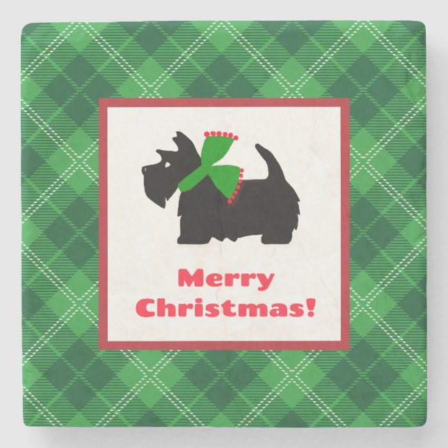 Scottish Terrier Merry Christmas Kariert Steinuntersetzer (Vorderseite)