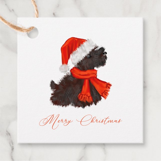 Scottish Terrier mit Weihnachtsmannmütze & Scarf Geschenkanhänger (Vorderseite)