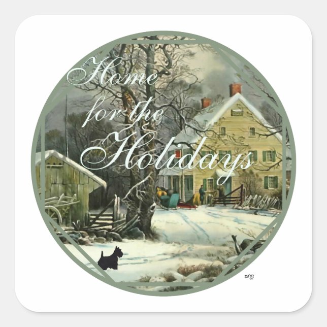 Scottish Terrier Old Fashioned Winter Quadratischer Aufkleber (Vorderseite)