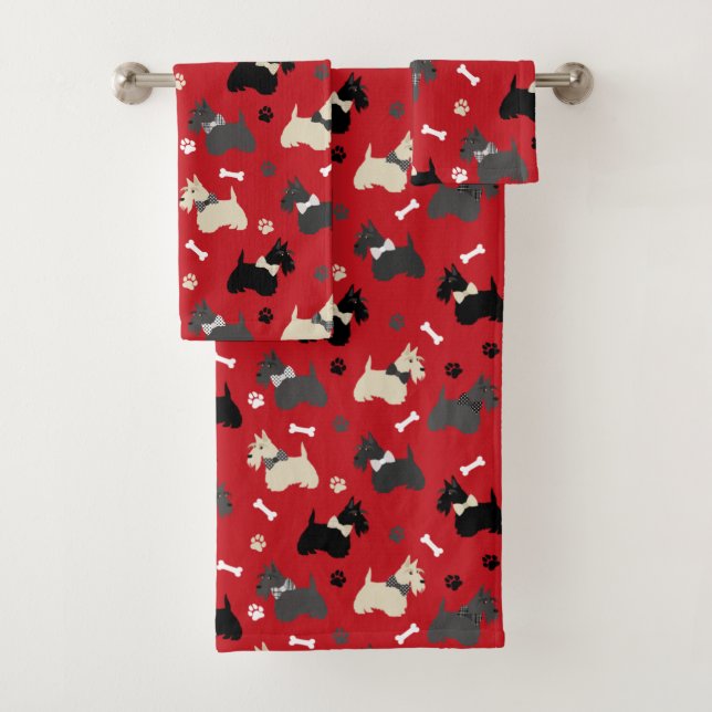 Scottish Terrier Paws and Bones Red Badhandtuch Set (Insitu)