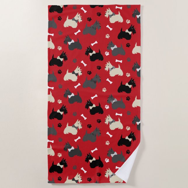 Scottish Terrier Paws and Bones Red Strandtuch (Vorderseite)