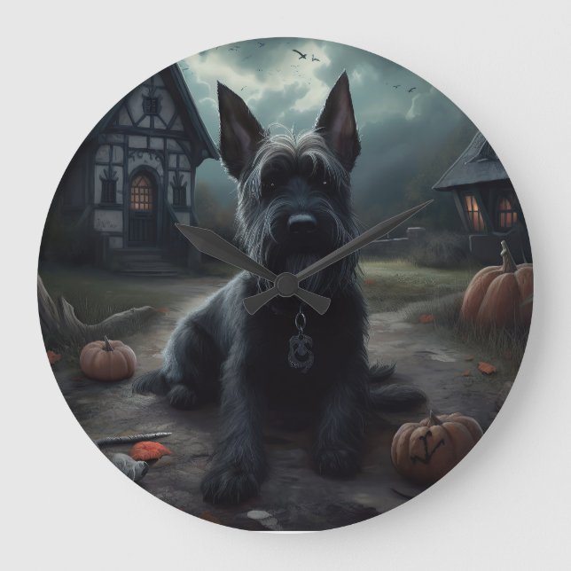 Scottish Terrier Pumpkins Halloween Beängstigend Große Wanduhr (Vorderseite)