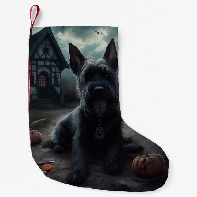 Scottish Terrier Pumpkins Halloween Beängstigend Kleiner Weihnachtsstrumpf (Vorderseite)