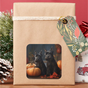 Scottish Terrier Puppy Autumn Delight Pumpkin Quadratischer Aufkleber