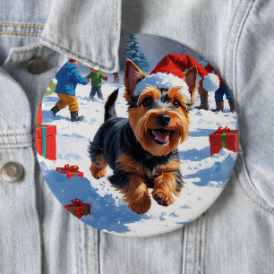 Scottish Terrier Running Snow mit Weihnachtshut Button