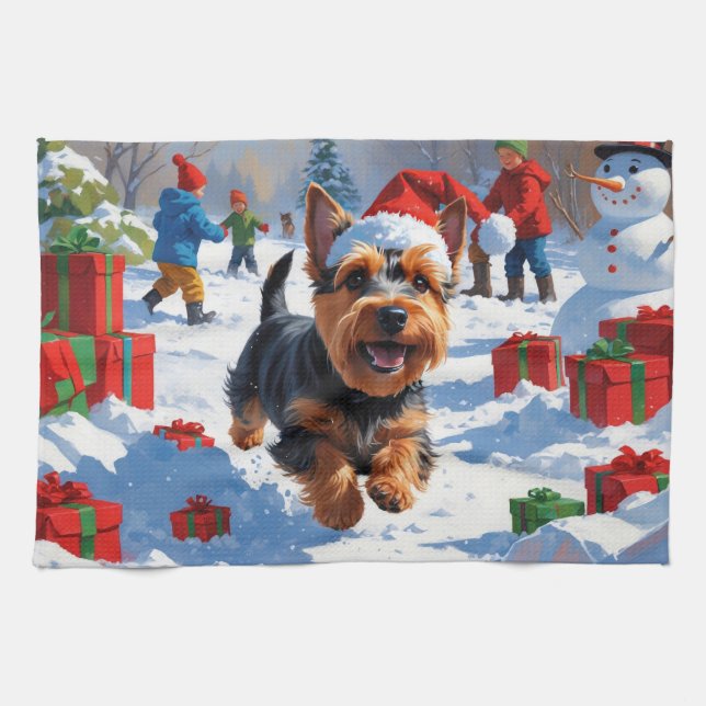 Scottish Terrier Running Snow mit Weihnachtshut Geschirrtuch (Horizontal)