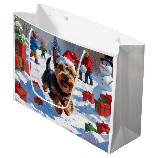 Scottish Terrier Running Snow mit Weihnachtshut Große Geschenktüte (Vorderseite Schrägansicht)