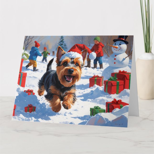 Scottish Terrier Running Snow mit Weihnachtshut Karte (Vorderseite)
