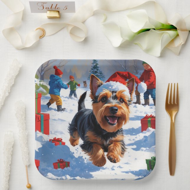 Scottish Terrier Running Snow mit Weihnachtshut Pappteller (Hochzeit)